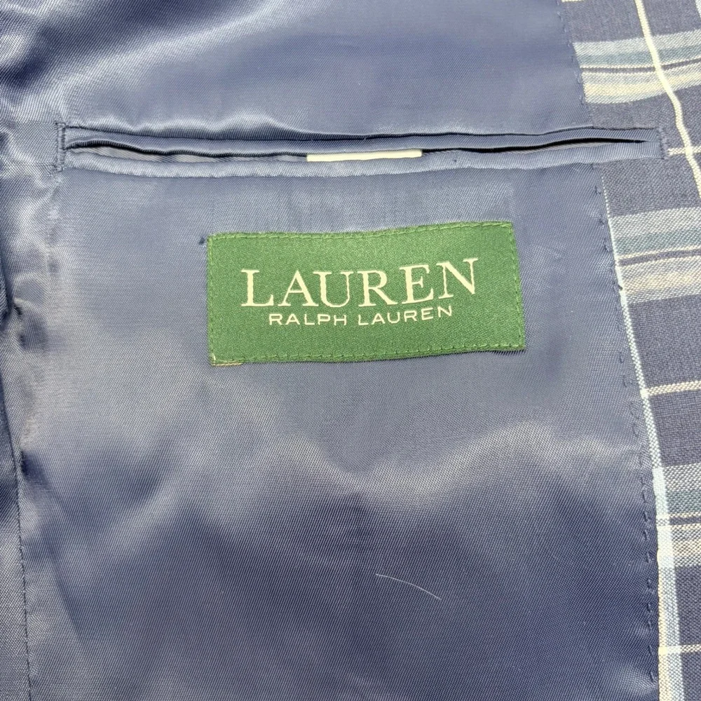 Lauren Ralph Lauren Cotton Blazer Mens 38S Blue Windowpane Plaid Sport Coat